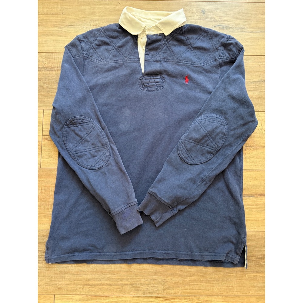 Polo Ralph Lauren Mens Blue Quilted Shoulder Elbow Rugby Shirt Large Custom Fit